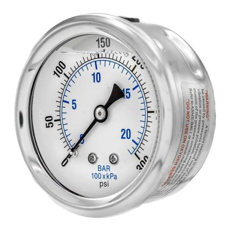 Engineered Specialty Products, Inc Pic Gauges 2 1/2" Pressure Gauge, Liquid Filled, 300 PSI, SS Case, Center Back Mount, PRO-202L-254H PRO-202L-254H